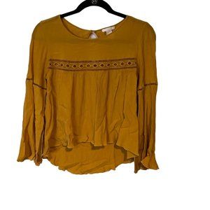 H&M Blouse Womens 4 Mustard Boho Bell Sleeve High Low Lace Crinkle Flowy